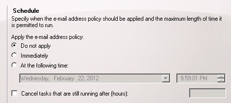 exchange-2010-email-address-policies-11 Choosing when to apply the email address policy